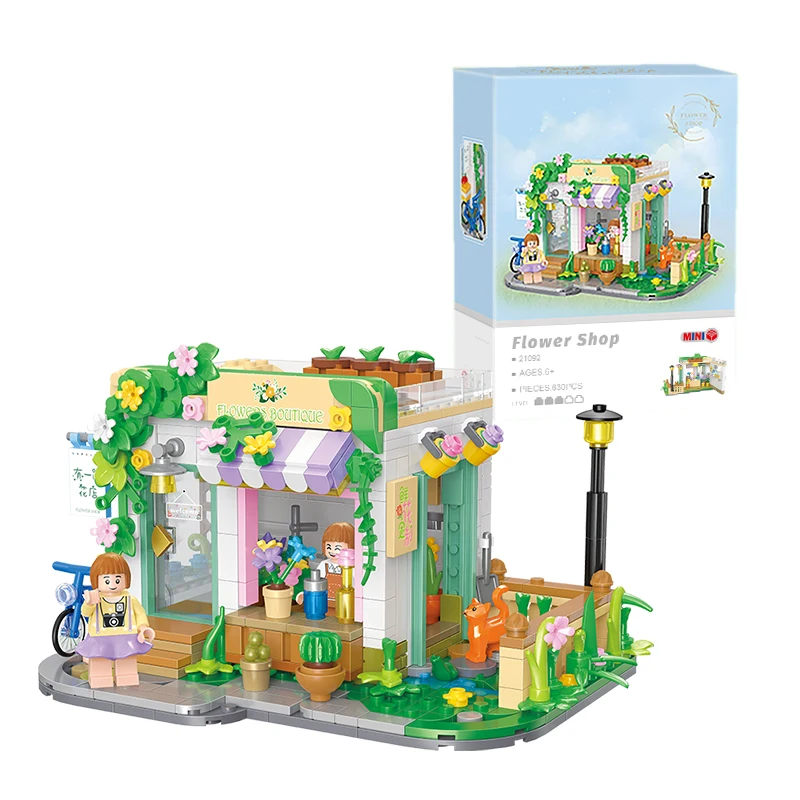 Mini Town Building Blocks Sets Plastic 40-Piece Mini Bricks 3D Model Light Flower Shop Afternoon Tea Bakery Drawing Room Play - Image 8