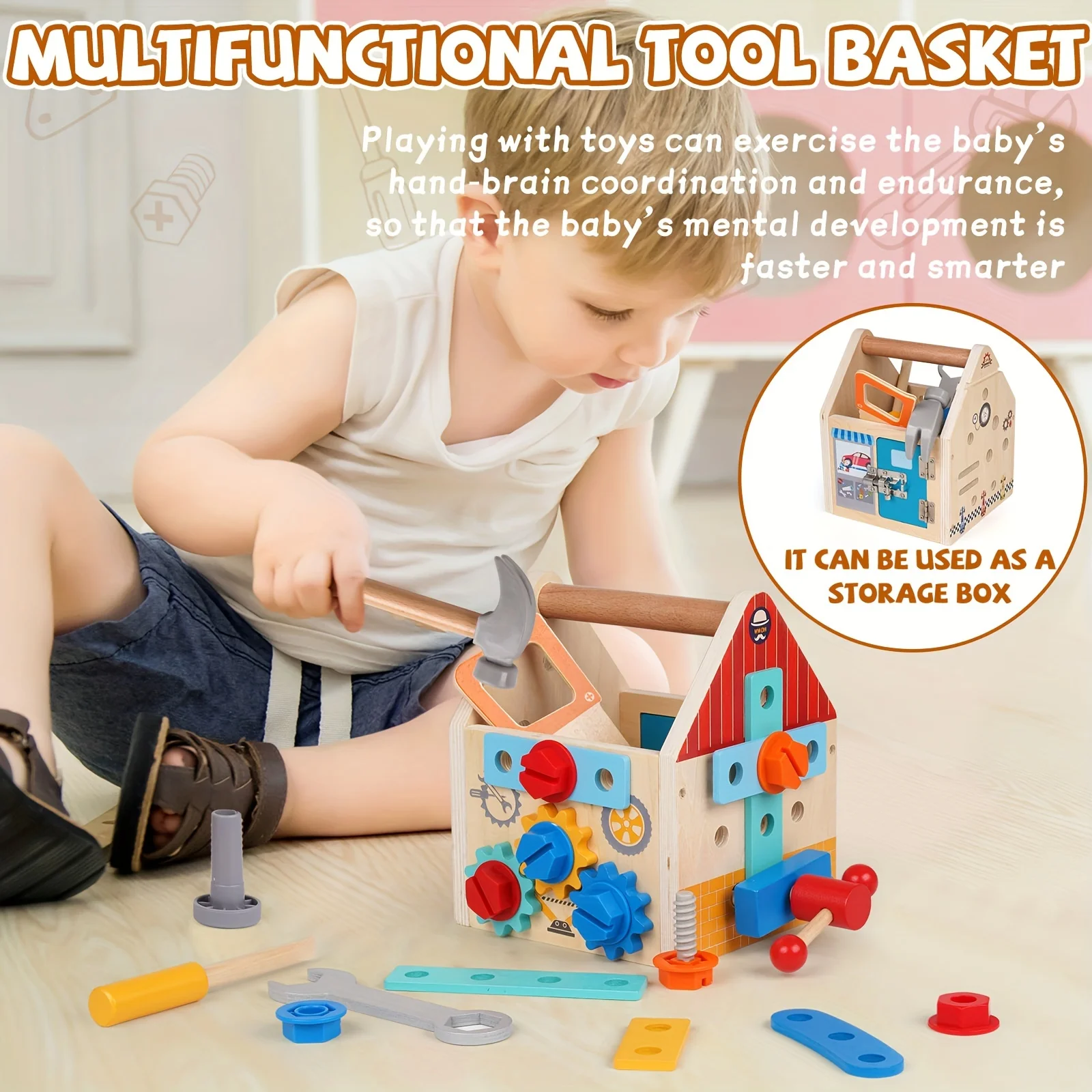 JXD Wooden Kids Tool Set Toddler Tool Box with Door Lock Lock Wooden Tool Kit Construction Toy Stem Educational Cosplay Toy - Image 5