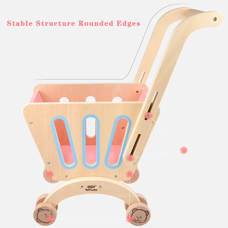 Hot Sell Simulation Wood Shopping Cart Toy Girl Supermarket Cart Role Play Toy Wooden Supermarket Cheap Shopping Trolley - Image 3
