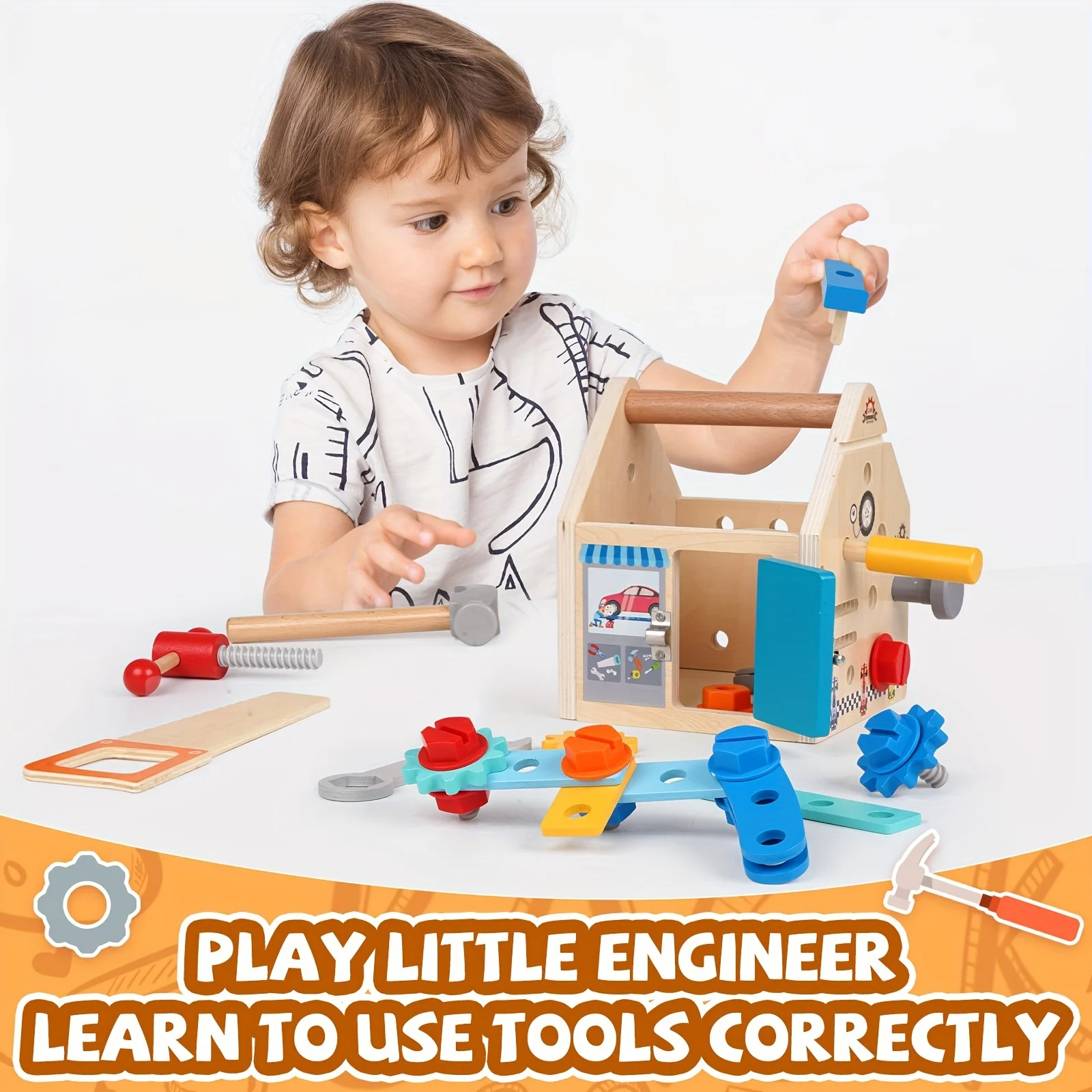 JXD Wooden Kids Tool Set Toddler Tool Box with Door Lock Lock Wooden Tool Kit Construction Toy Stem Educational Cosplay Toy - Image 2