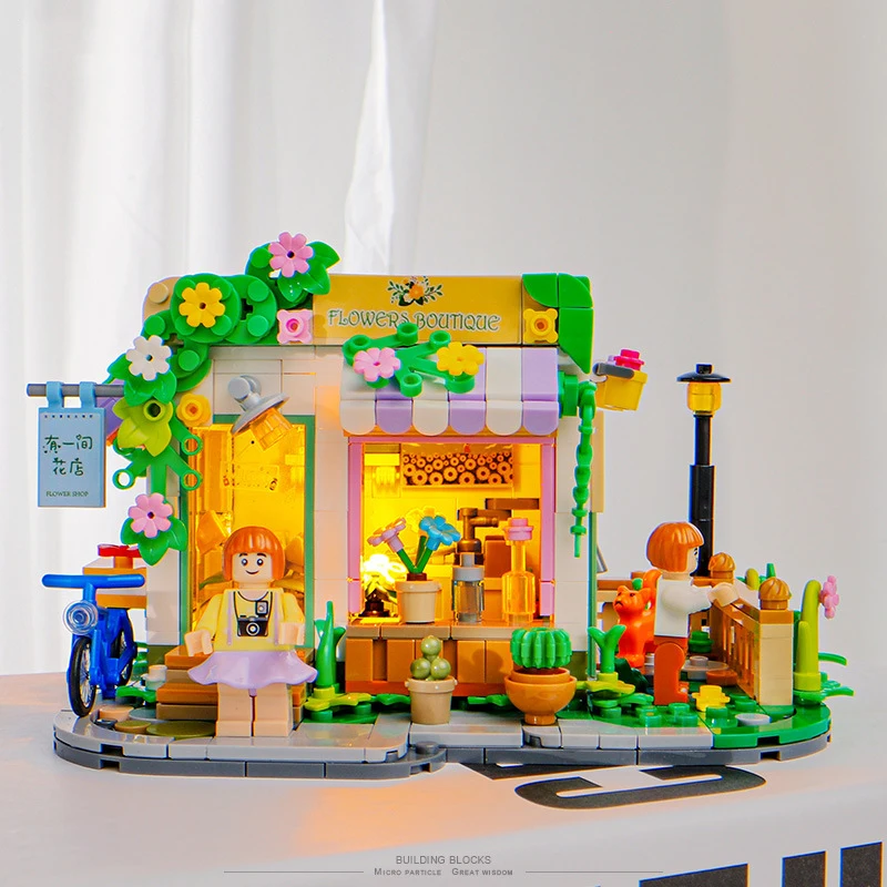 Mini Town Building Blocks Sets Plastic 40-Piece Mini Bricks 3D Model Light Flower Shop Afternoon Tea Bakery Drawing Room Play - Image 3