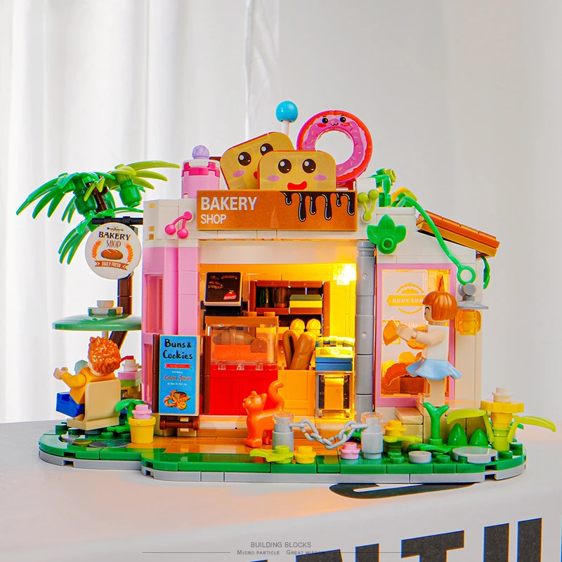 Mini Town Building Blocks Sets Plastic 40-Piece Mini Bricks 3D Model Light Flower Shop Afternoon Tea Bakery Drawing Room Play - Image 4