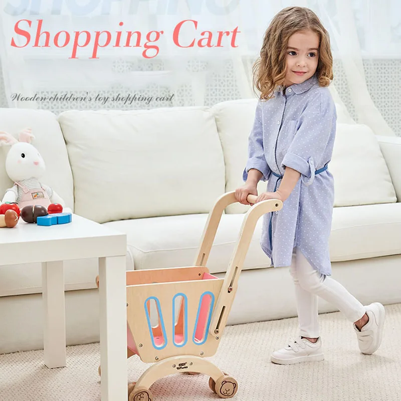Hot Sell Simulation Wood Shopping Cart Toy Girl Supermarket Cart Role Play Toy Wooden Supermarket Cheap Shopping Trolley - Image 2
