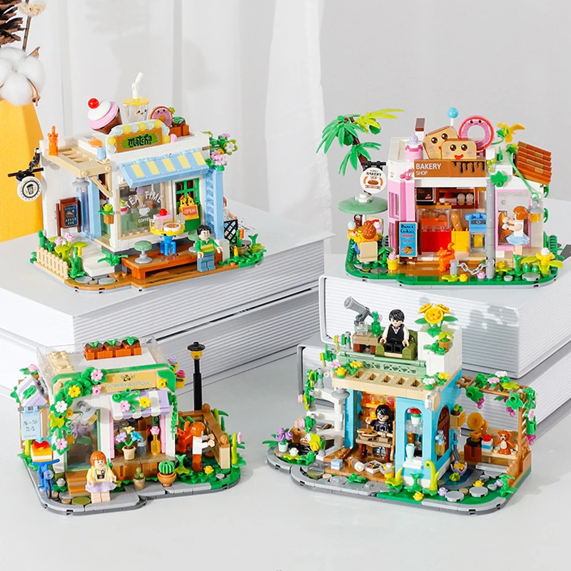 Mini Town Building Blocks Sets Plastic 40-Piece Mini Bricks 3D Model Light Flower Shop Afternoon Tea Bakery Drawing Room Play - Image 7