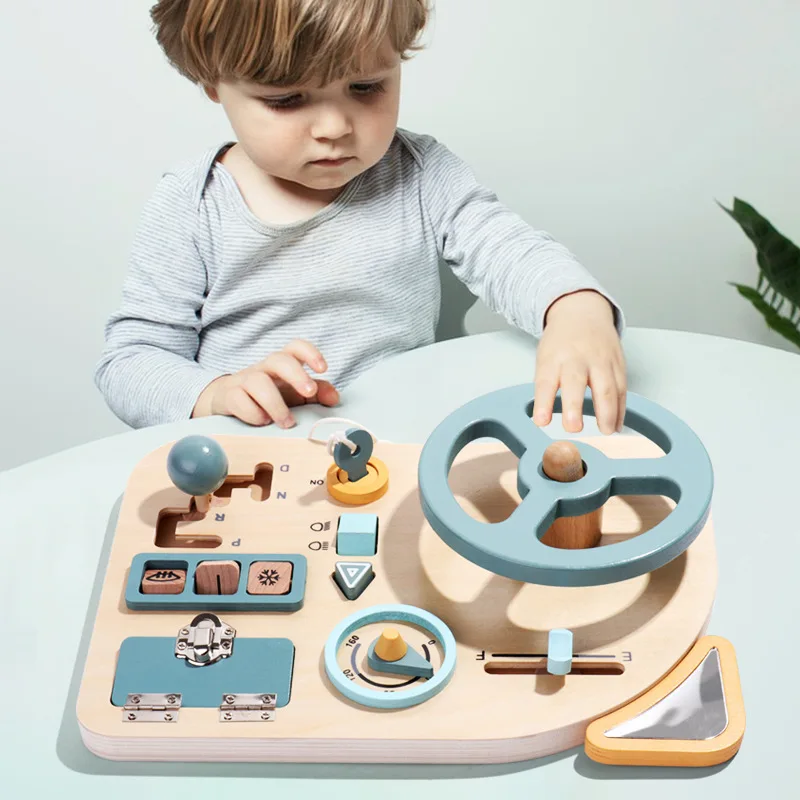 New Designed Wooden Simulate Driving Steering Wheel Busy Board Montessori Early Education Driver Pretend Play Toy Set - Image 2