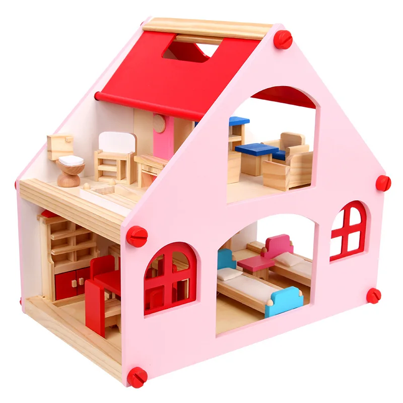 Wooden Role Play Toys Kids Simulation Villa Set Wooden Portable Doll House Toys for Girls' Birthday Gift - Image 4