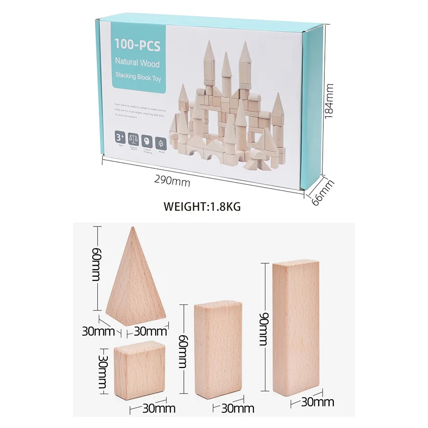 Unisex 100 Pieces Natural Wood Stacking Block Toy Montessori Early Education Unpainted Wood Building Block Pretend Role Play Toy - Image 3