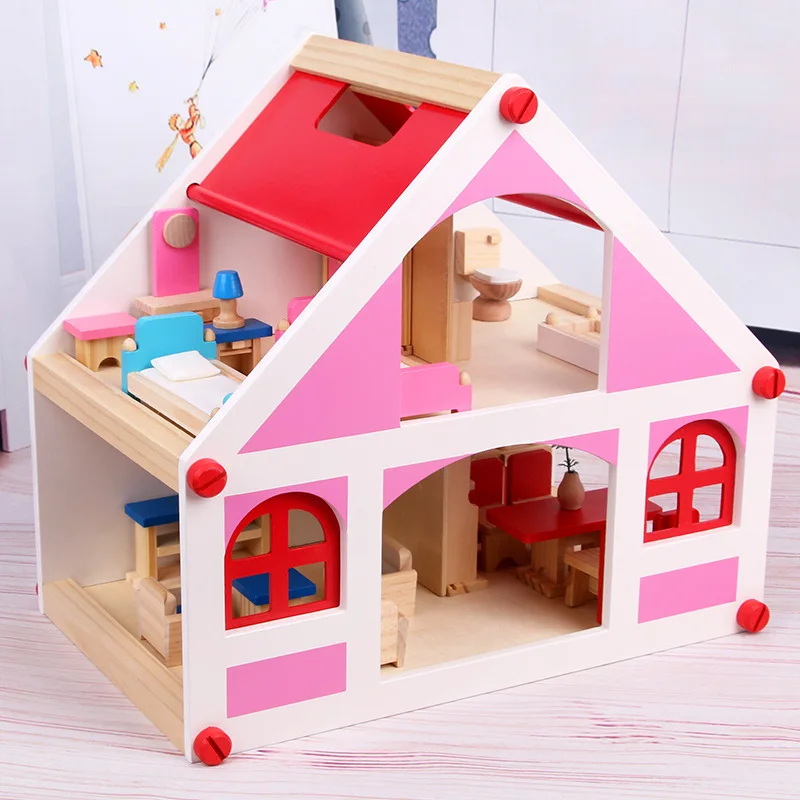 Wooden Role Play Toys Kids Simulation Villa Set Wooden Portable Doll House Toys for Girls' Birthday Gift - Image 5
