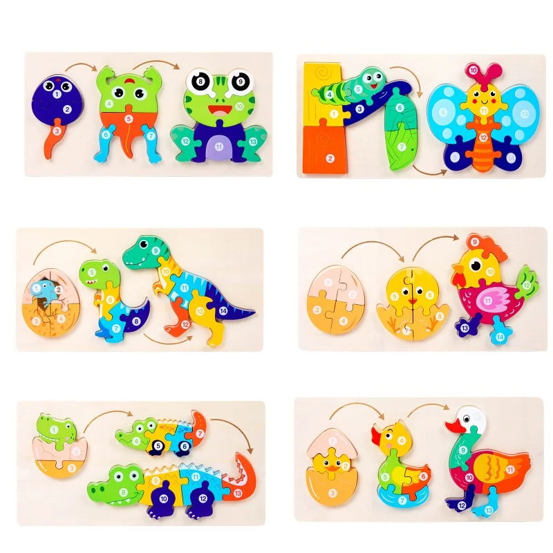 Wooden 3D Animal Dinosaur Frog Chick Growth Jigsaw Puzzle Montessori Cognitive Enlightenment Educational Learning Toys for Kids - Image 6