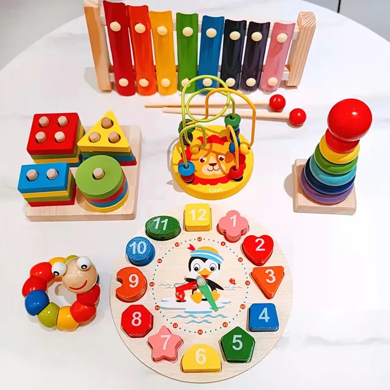 Kids Montessori Cartoon Animal Educational Wooden Beaded Geometry Digital Clock Puzzles Gadgets Matching Clock Toy - Image 6