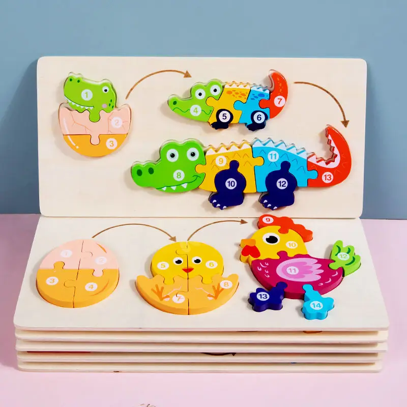Wooden 3D Animal Dinosaur Frog Chick Growth Jigsaw Puzzle Montessori Cognitive Enlightenment Educational Learning Toys for Kids - Image 3