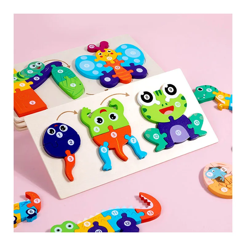 Wooden 3D Animal Dinosaur Frog Chick Growth Jigsaw Puzzle Montessori Cognitive Enlightenment Educational Learning Toys for Kids - Image 2