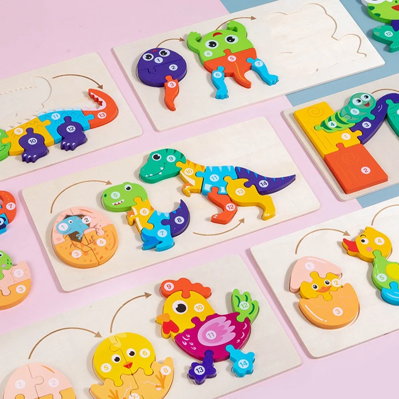 Wooden 3D Animal Dinosaur Frog Chick Growth Jigsaw Puzzle Montessori Cognitive Enlightenment Educational Learning Toys for Kids - Image 4