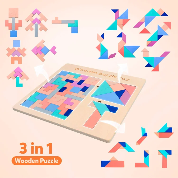 Wooden 3 in 1 Educational Puzzle Blocks DIY Montessori Wooden Brain IQ Training Paper Cutting Puzzle for Children 3 -6 Years Old - Image 3
